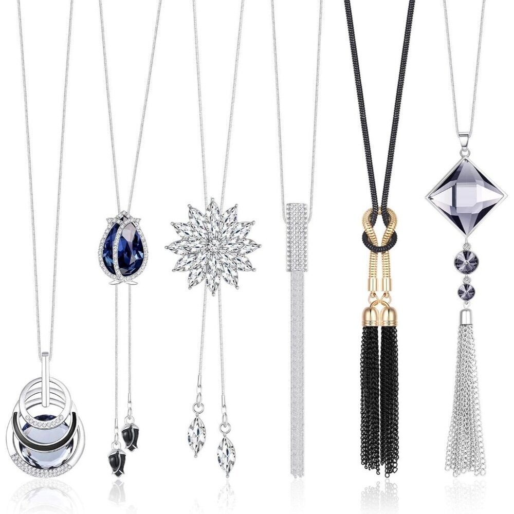 Chic 6PCS Long Pendant Necklace Set - Adjustable Silver & Rhinestone Jewelry